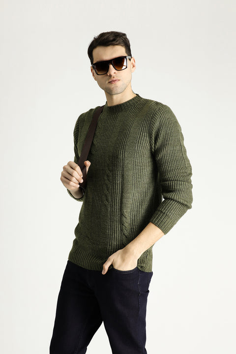 Light Khaki Crew Neck Slim Fit Patterned Knit Sweater