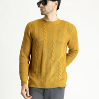 Mustard Yellow Crew Neck Slim Fit Patterned Knit Sweater