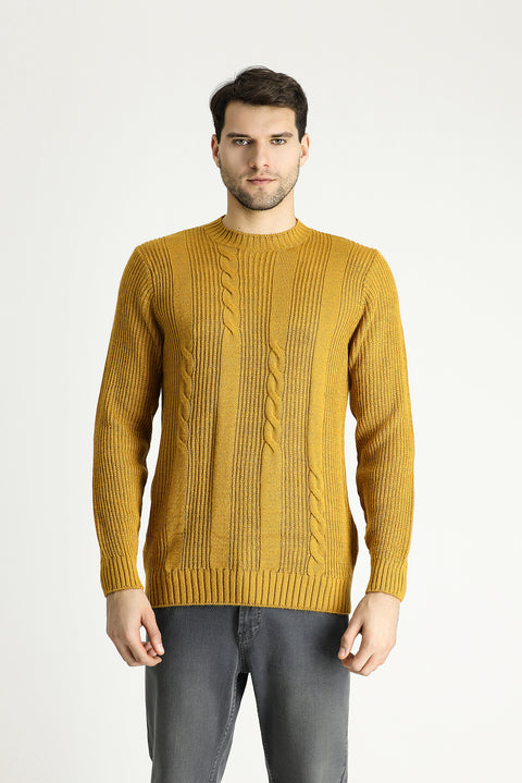 Mustard Yellow Crew Neck Slim Fit Patterned Knit Sweater