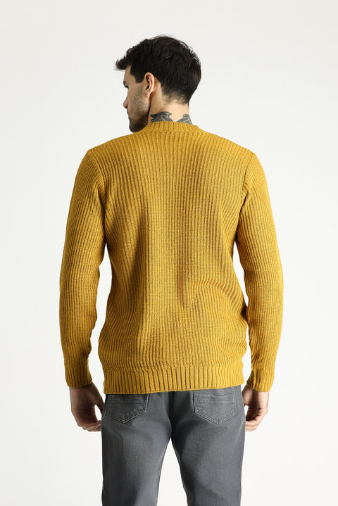 Mustard Yellow Crew Neck Slim Fit Patterned Knit Sweater
