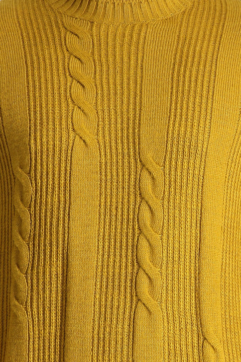 Mustard Yellow Crew Neck Slim Fit Patterned Knit Sweater