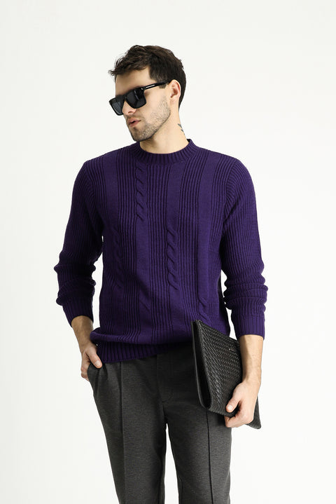 Mor Bisiklet Yaka Slim Fit Desenli Triko Kazak