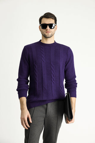  Mor Bisiklet Yaka Slim Fit Desenli Triko Kazak