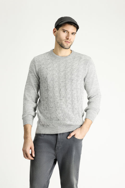 Light Grey Melange Crew Neck Slim Fit Narrow Cut Patterned Knit Sweater
