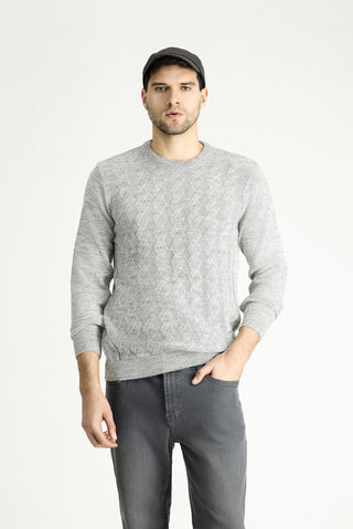  Açık Gri Melanj Bisiklet Yaka Slim Fit Dar Kesim Desenli Triko Kazak