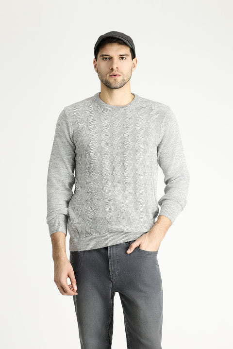 Light Grey Melange Crew Neck Slim Fit Narrow Cut Patterned Knit Sweater