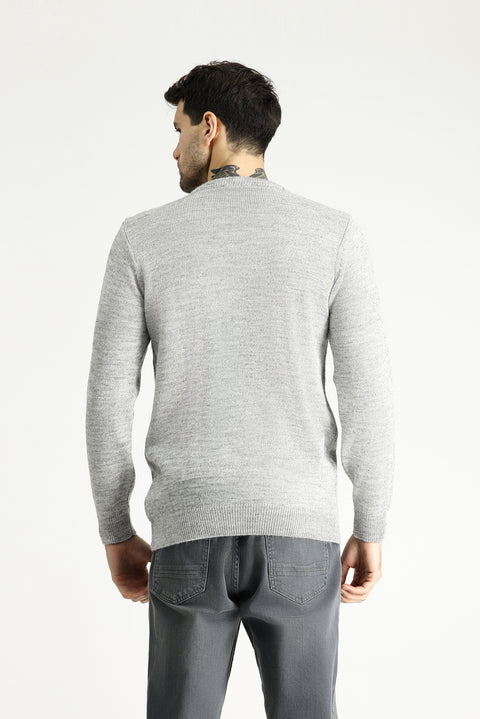 Light Grey Melange Crew Neck Slim Fit Narrow Cut Patterned Knit Sweater