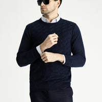 Dark Navy Crew Neck Slim Fit Narrow Cut Patterned Knit Sweater