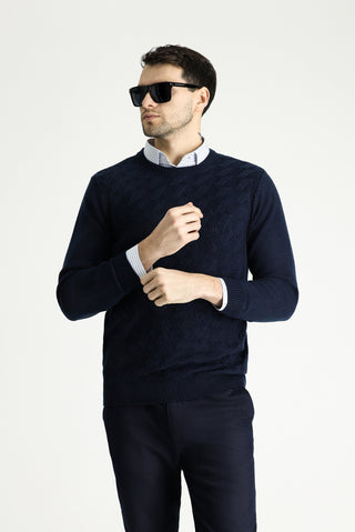  Koyu Lacivert Bisiklet Yaka Slim Fit Dar Kesim Desenli Triko Kazak