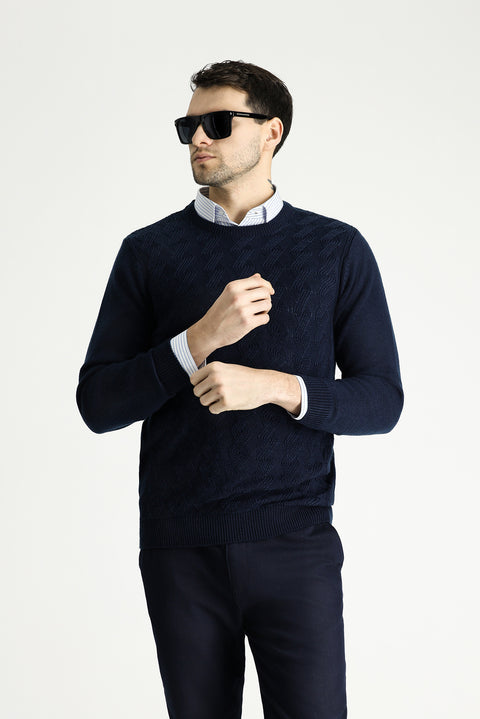 Dark Navy Crew Neck Slim Fit Narrow Cut Patterned Knit Sweater