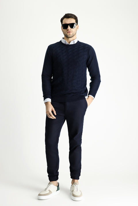 Dark Navy Crew Neck Slim Fit Narrow Cut Patterned Knit Sweater