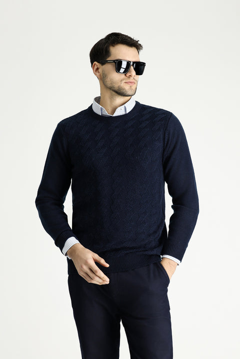 Dark Navy Crew Neck Slim Fit Narrow Cut Patterned Knit Sweater