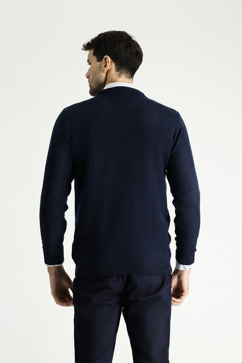 Dark Navy Crew Neck Slim Fit Narrow Cut Patterned Knit Sweater