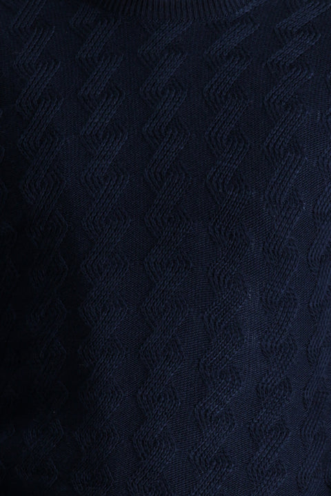 Dark Navy Crew Neck Slim Fit Narrow Cut Patterned Knit Sweater