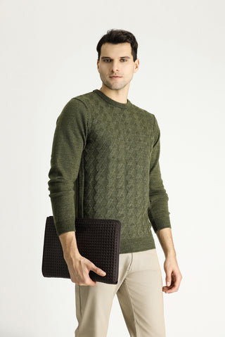 Orta Haki Bisiklet Yaka Slim Fit Dar Kesim Desenli Triko Kazak
