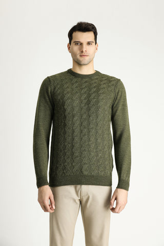  Orta Haki Bisiklet Yaka Slim Fit Dar Kesim Desenli Triko Kazak