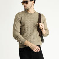 Medium Mink Crew Neck Slim Fit Narrow Cut Patterned Knit Sweater