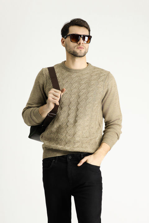 Medium Mink Crew Neck Slim Fit Narrow Cut Patterned Knit Sweater