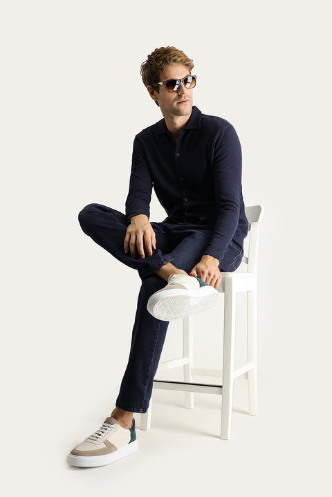 Dark Navy Slim Fit Narrow Cut Wool Knit Cardigan