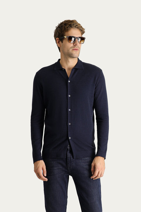 Dark Navy Slim Fit Narrow Cut Wool Knit Cardigan