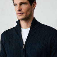 Dark Navy Stand-Up Collar Zip-Up Regular Fit Striped Knit Cardigan