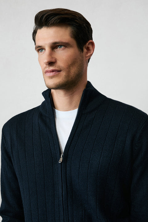 Dark Navy Stand-Up Collar Zip-Up Regular Fit Striped Knit Cardigan