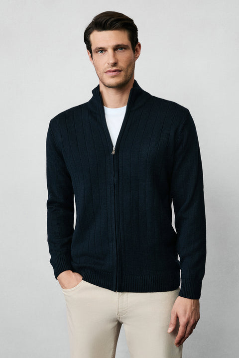 Dark Navy Stand-Up Collar Zip-Up Regular Fit Striped Knit Cardigan