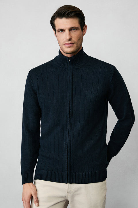 Dark Navy Stand-Up Collar Zip-Up Regular Fit Striped Knit Cardigan