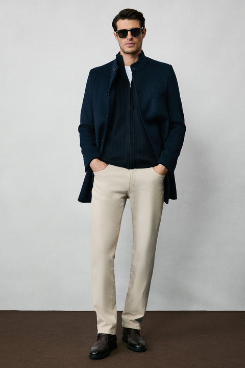 Dark Navy Stand-Up Collar Zip-Up Regular Fit Striped Knit Cardigan