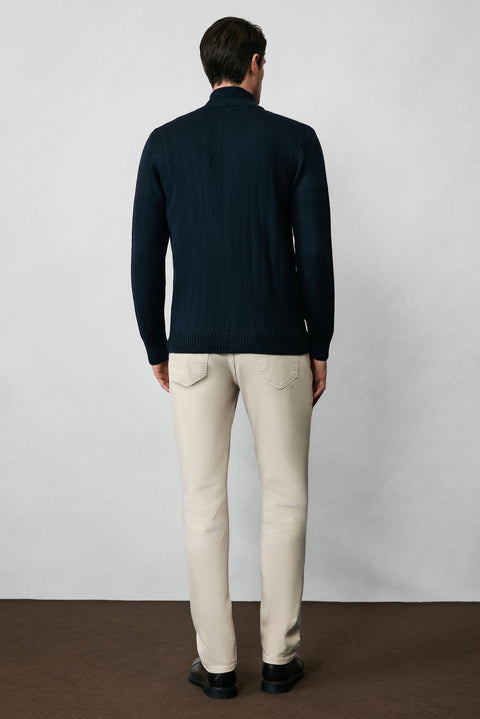 Dark Navy Stand-Up Collar Zip-Up Regular Fit Striped Knit Cardigan