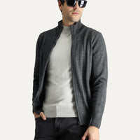 Dark Anthracite Stand-Up Collar Zip-Up Regular Fit Striped Knit Cardigan