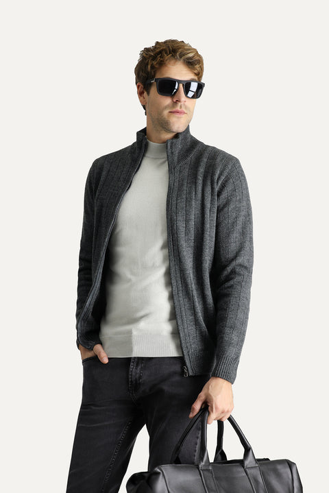 Dark Anthracite Stand-Up Collar Zip-Up Regular Fit Striped Knit Cardigan