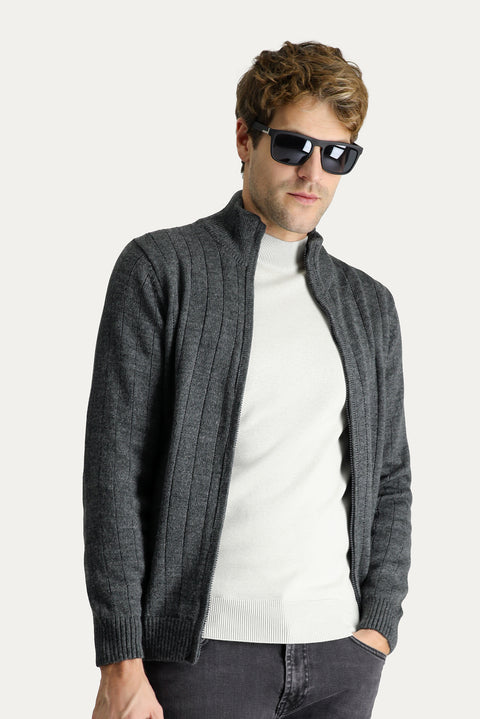 Dark Anthracite Stand-Up Collar Zip-Up Regular Fit Striped Knit Cardigan