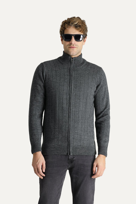 Dark Anthracite Stand-Up Collar Zip-Up Regular Fit Striped Knit Cardigan