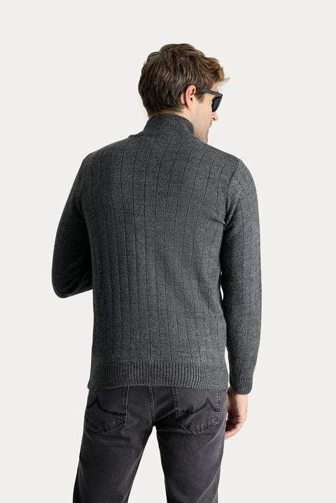 Dark Anthracite Stand-Up Collar Zip-Up Regular Fit Striped Knit Cardigan