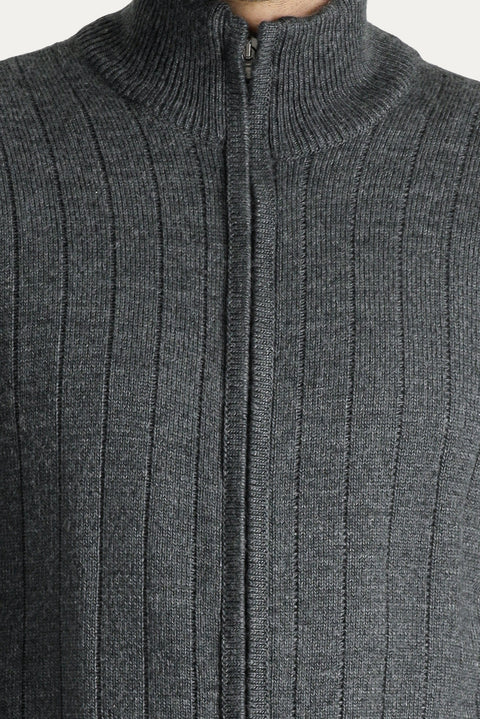 Dark Anthracite Stand-Up Collar Zip-Up Regular Fit Striped Knit Cardigan