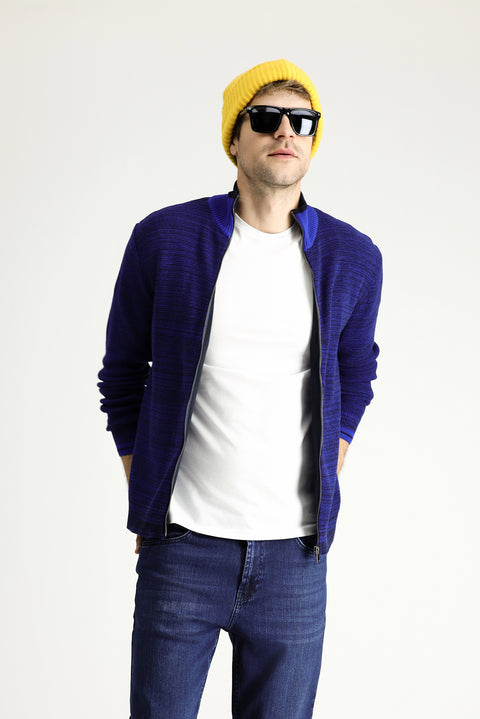 Koyu Lacivert Slim Fit Dar Kesim Fermuarlı Pamuklu Triko Hırka