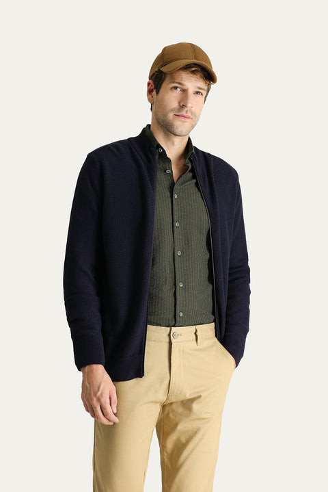 Koyu Lacivert Slim Fit Dar Kesim Desenli Pamuklu Triko Hırka