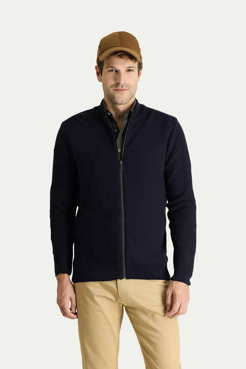 Koyu Lacivert Slim Fit Dar Kesim Desenli Pamuklu Triko Hırka