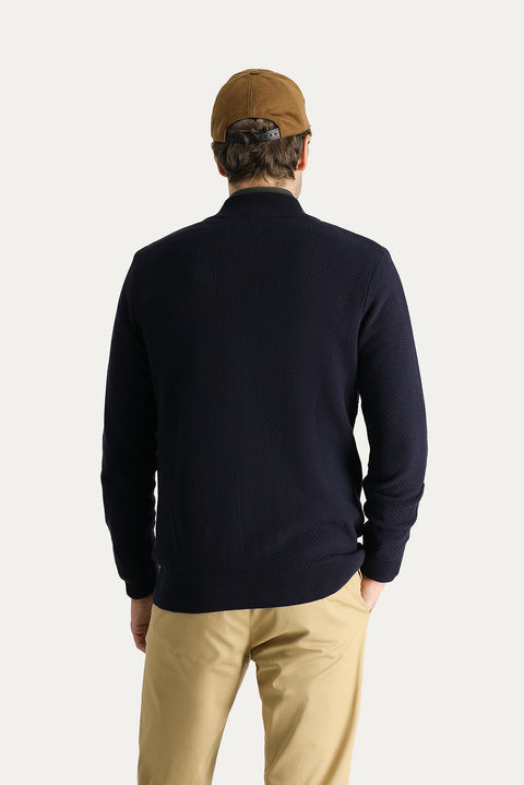 Koyu Lacivert Slim Fit Dar Kesim Desenli Pamuklu Triko Hırka