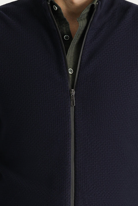 Koyu Lacivert Slim Fit Dar Kesim Desenli Pamuklu Triko Hırka