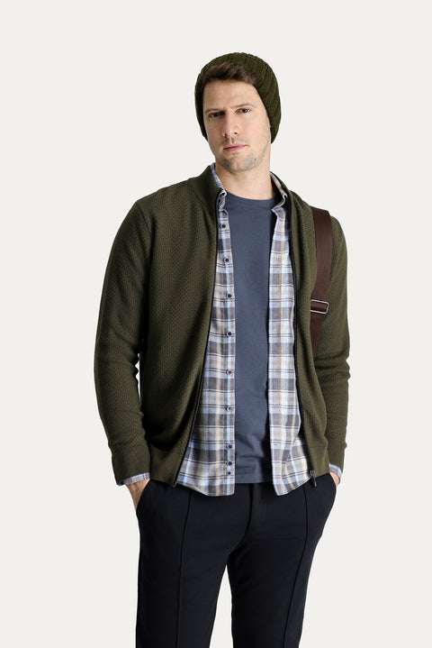 Orta Haki Slim Fit Dar Kesim Desenli Pamuklu Triko Hırka