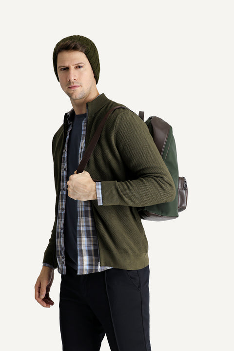 Orta Haki Slim Fit Dar Kesim Desenli Pamuklu Triko Hırka