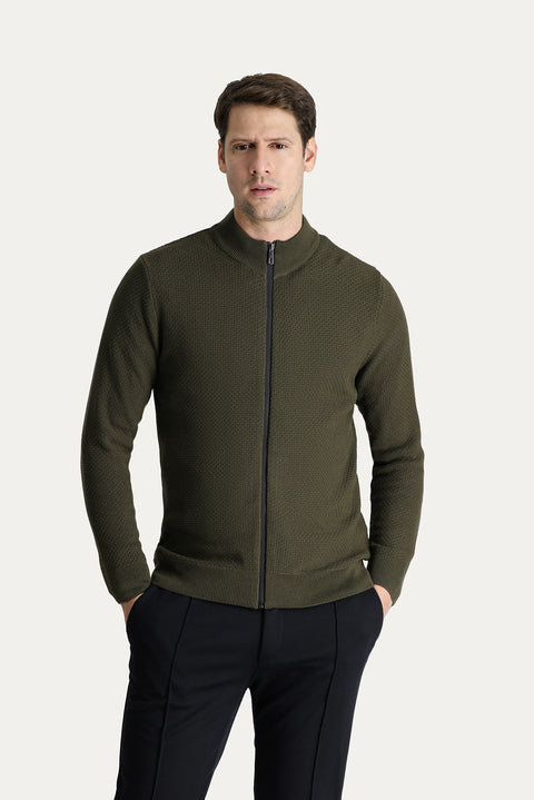 Orta Haki Slim Fit Dar Kesim Desenli Pamuklu Triko Hırka