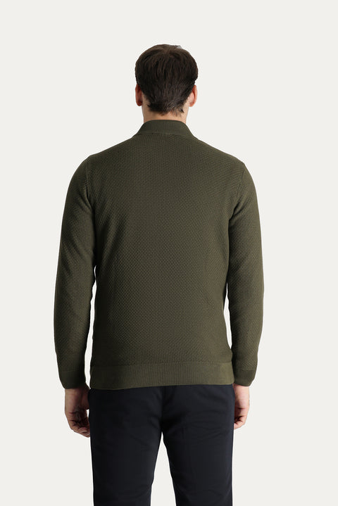 Orta Haki Slim Fit Dar Kesim Desenli Pamuklu Triko Hırka