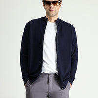 Dark Navy Blue Stand Collar Zip-Up Regular Fit Patterned Cotton Knit Cardigan