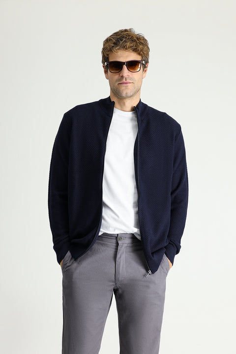 Dark Navy Blue Stand Collar Zip-Up Regular Fit Patterned Cotton Knit Cardigan