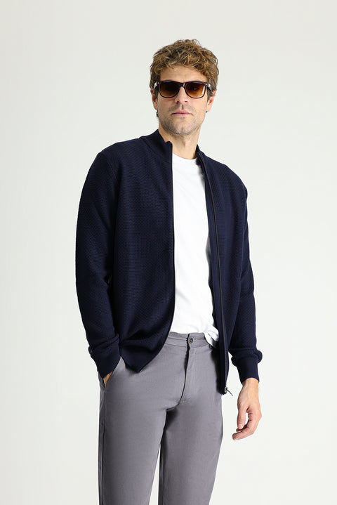 Dark Navy Blue Stand Collar Zip-Up Regular Fit Patterned Cotton Knit Cardigan