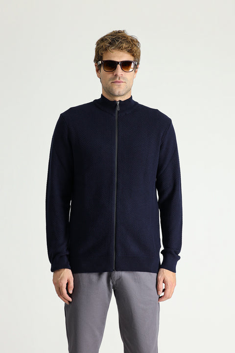 Dark Navy Blue Stand Collar Zip-Up Regular Fit Patterned Cotton Knit Cardigan