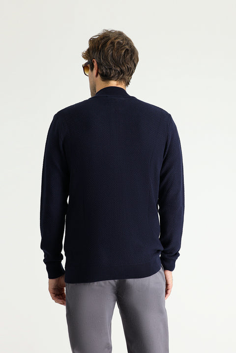 Dark Navy Blue Stand Collar Zip-Up Regular Fit Patterned Cotton Knit Cardigan